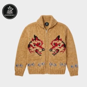 Everjacket Men's Wolf Nordic Zip-Up Wool Blend Cardigan Sweater - Camel